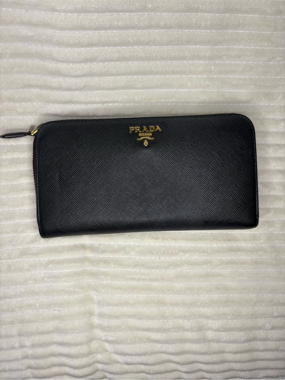 Prada Black Saffiano Leather Wallet with Gold Logo Detail